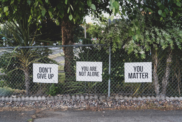 Three DIY signs that read, “Don’t Dive Up, “You Are Not Alone,” and “You Matter.”