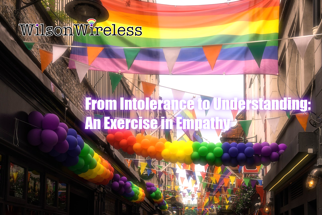 A view of a street filled with Rainbow flags and balloons. With the WilsonWireless logo and the text, From Intolerance to Understanding: An Exercise in Empathy.