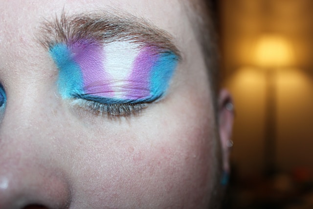 A picture of an eye with Trans-Pride eye makeup.