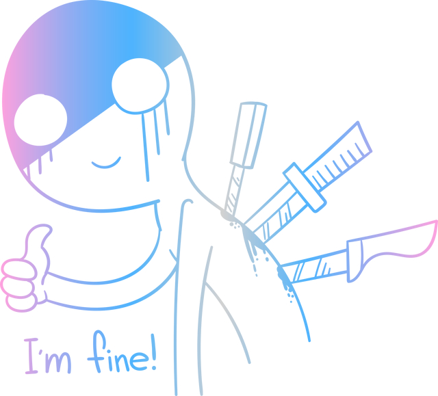 Cartoon human with knives in their back saying, I’m fine! And giving a thumbs up.