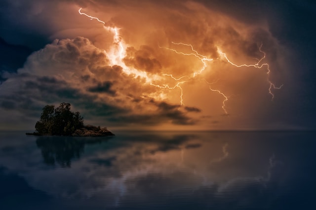 Photo of lightning over an island.