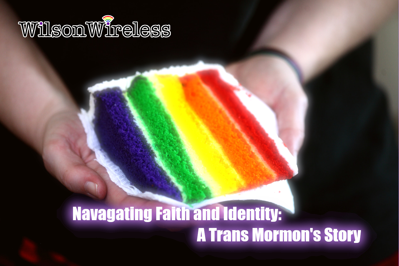 Two hands holding a slice of rainbow cake and the title, Navigating Faith and Identity: A Trans Mormon’s Story.