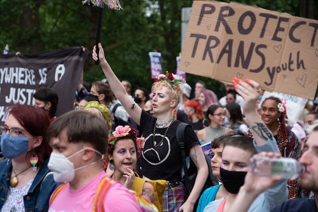 A photo of a protest with people holding signs. One sign reads, Protect Trans Youth.